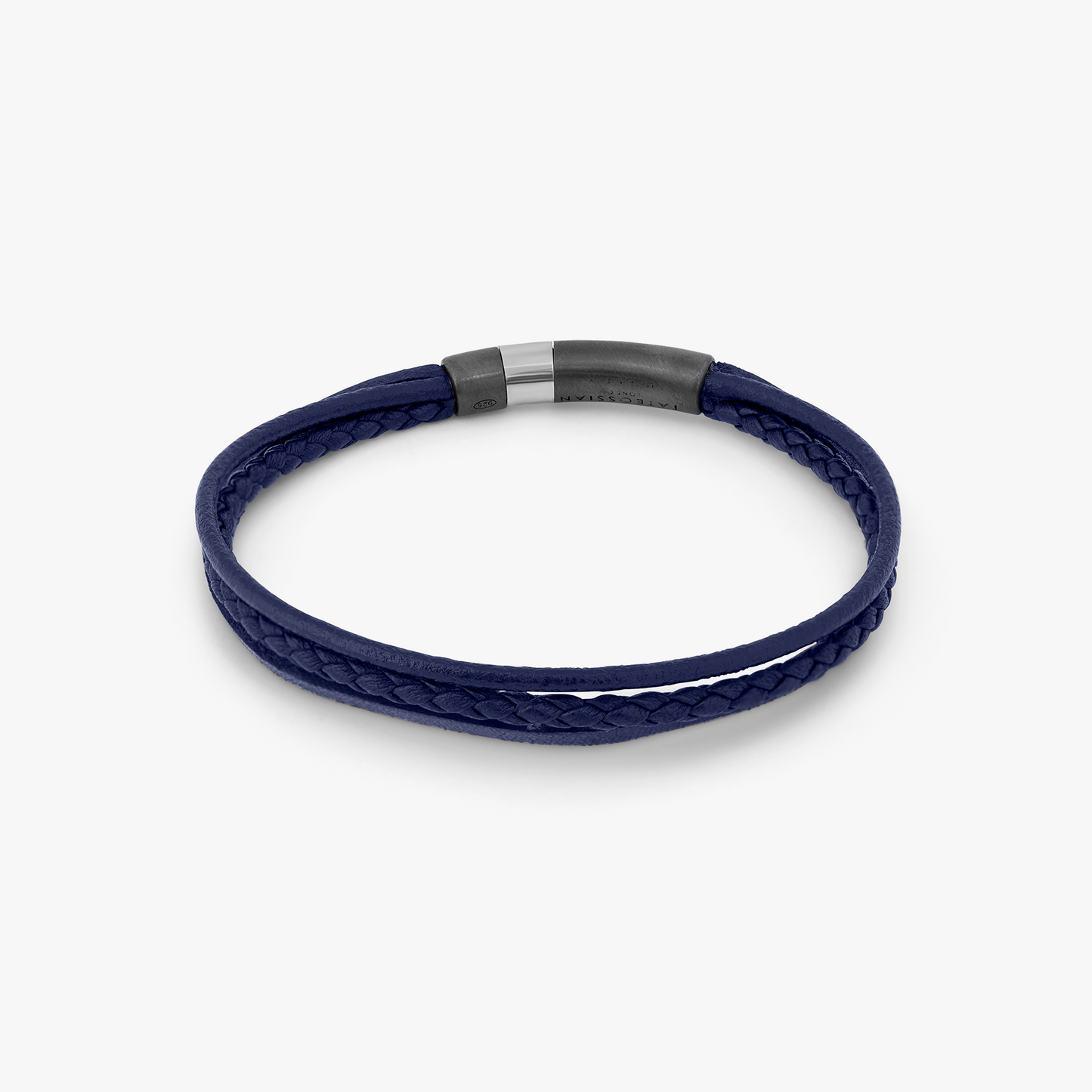 Ruthenium plated sterling silver Gear Click bracelet with blue leather