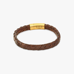 Yellow gold plated sterling silver Graffiato bracelet with brown leather