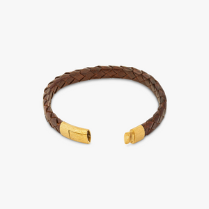 Yellow gold plated sterling silver Graffiato bracelet with brown leather