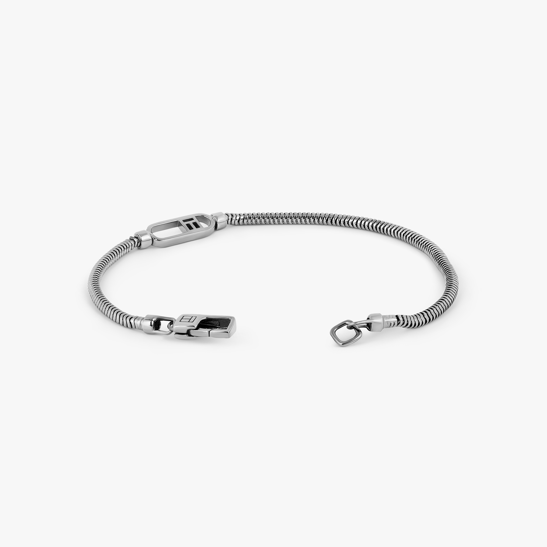 Catena Signifier Snake Chain Bracelet in Oxidised Plated Silver with "T" Logo