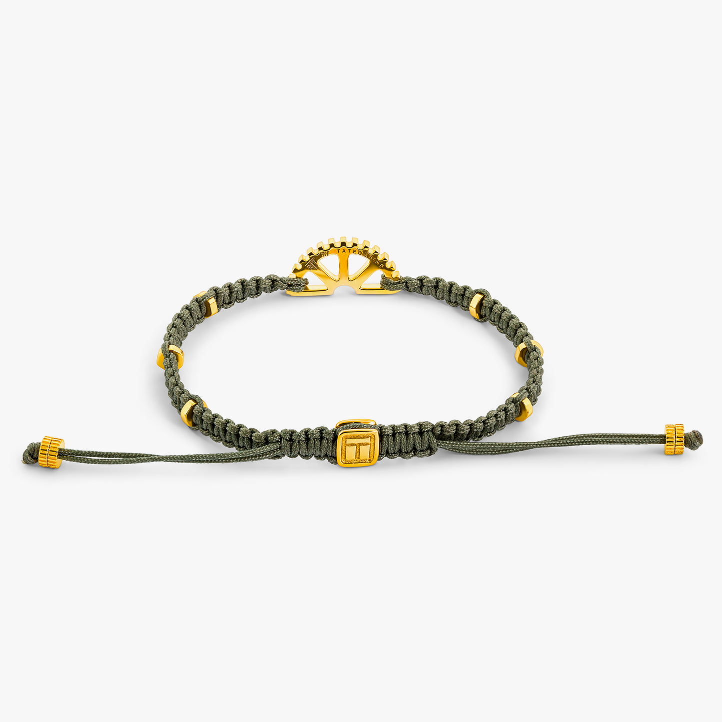 Puzzle Gear Green Macrame Bracelet in Yellow Gold Plated Silver