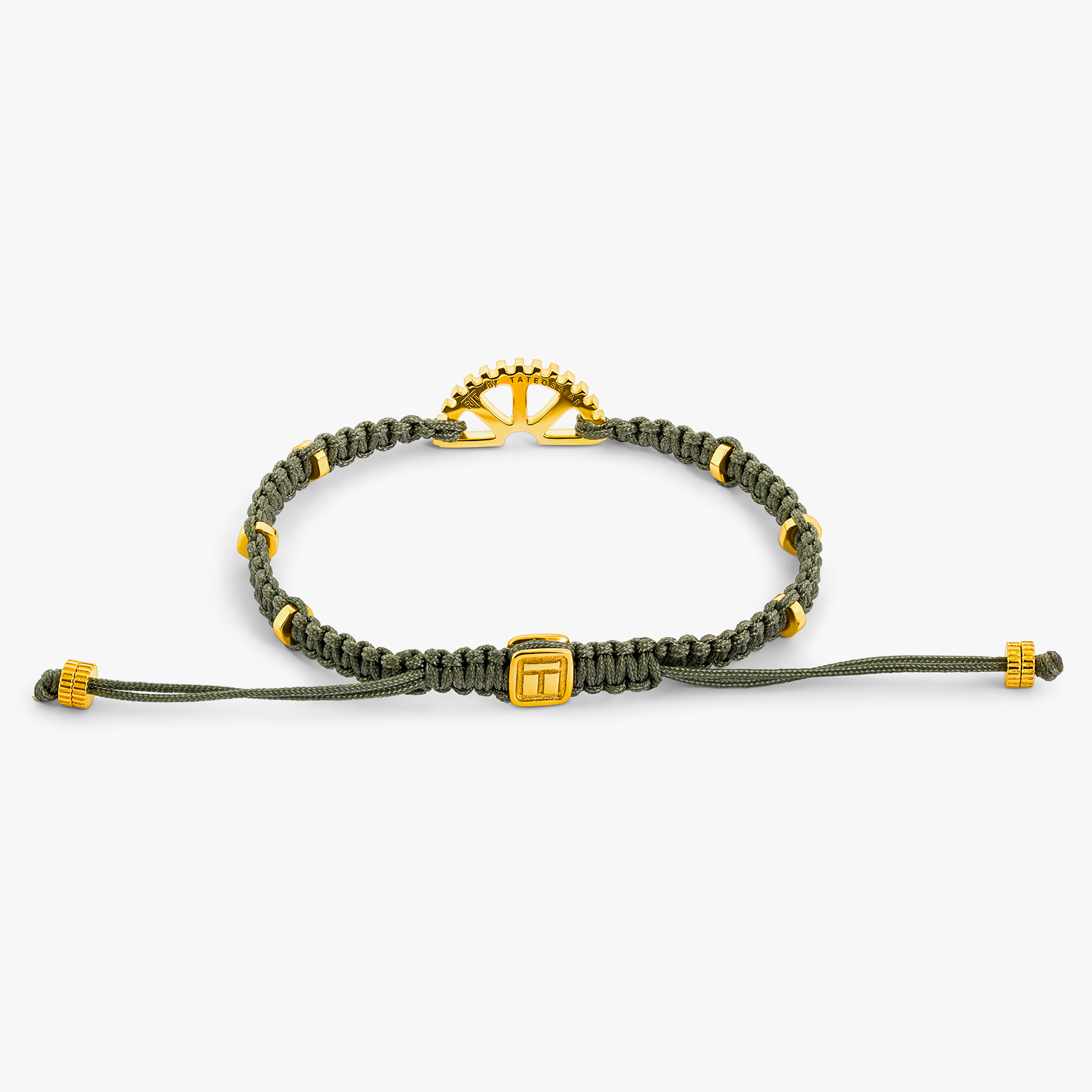 Puzzle Gear Green Macrame Bracelet in Yellow Gold Plated Silver