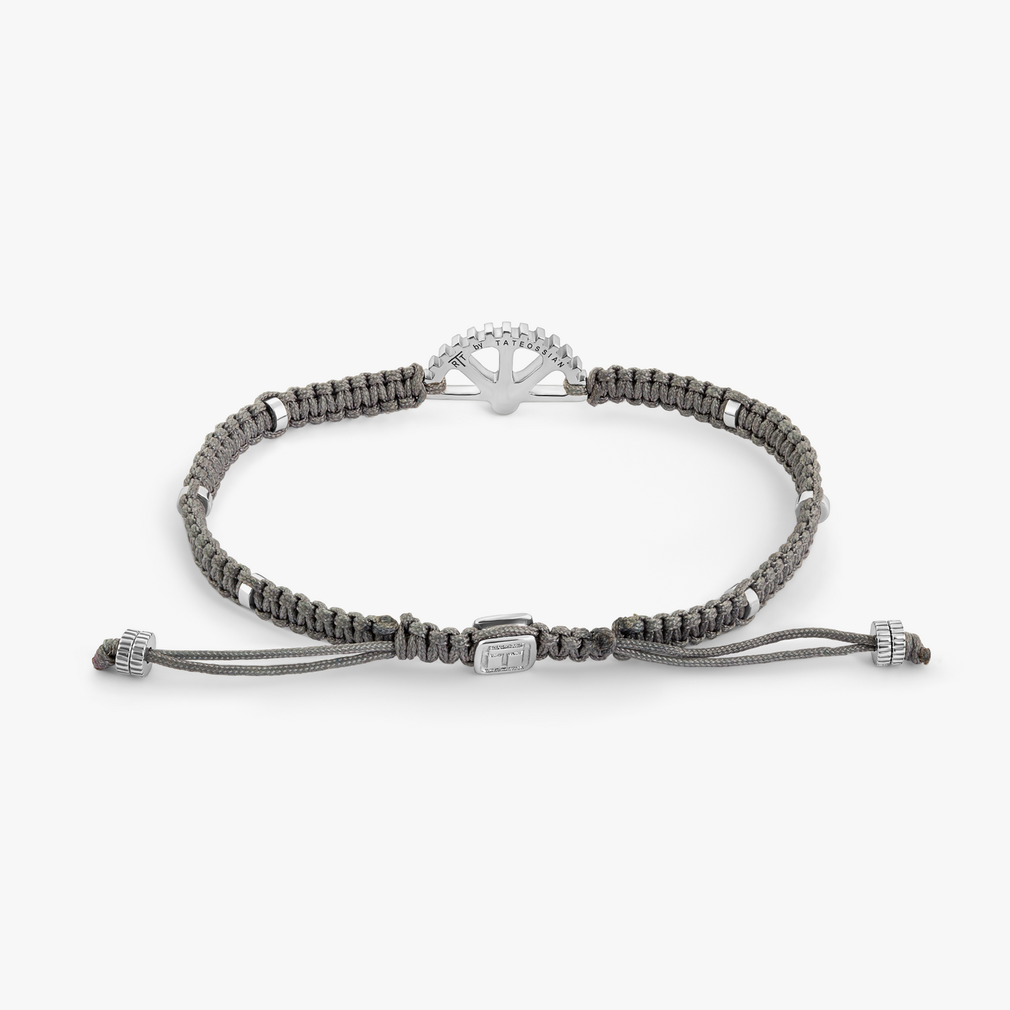 Puzzle Gear Grey Macrame Bracelet in Rhodium Silver with Black Spinel