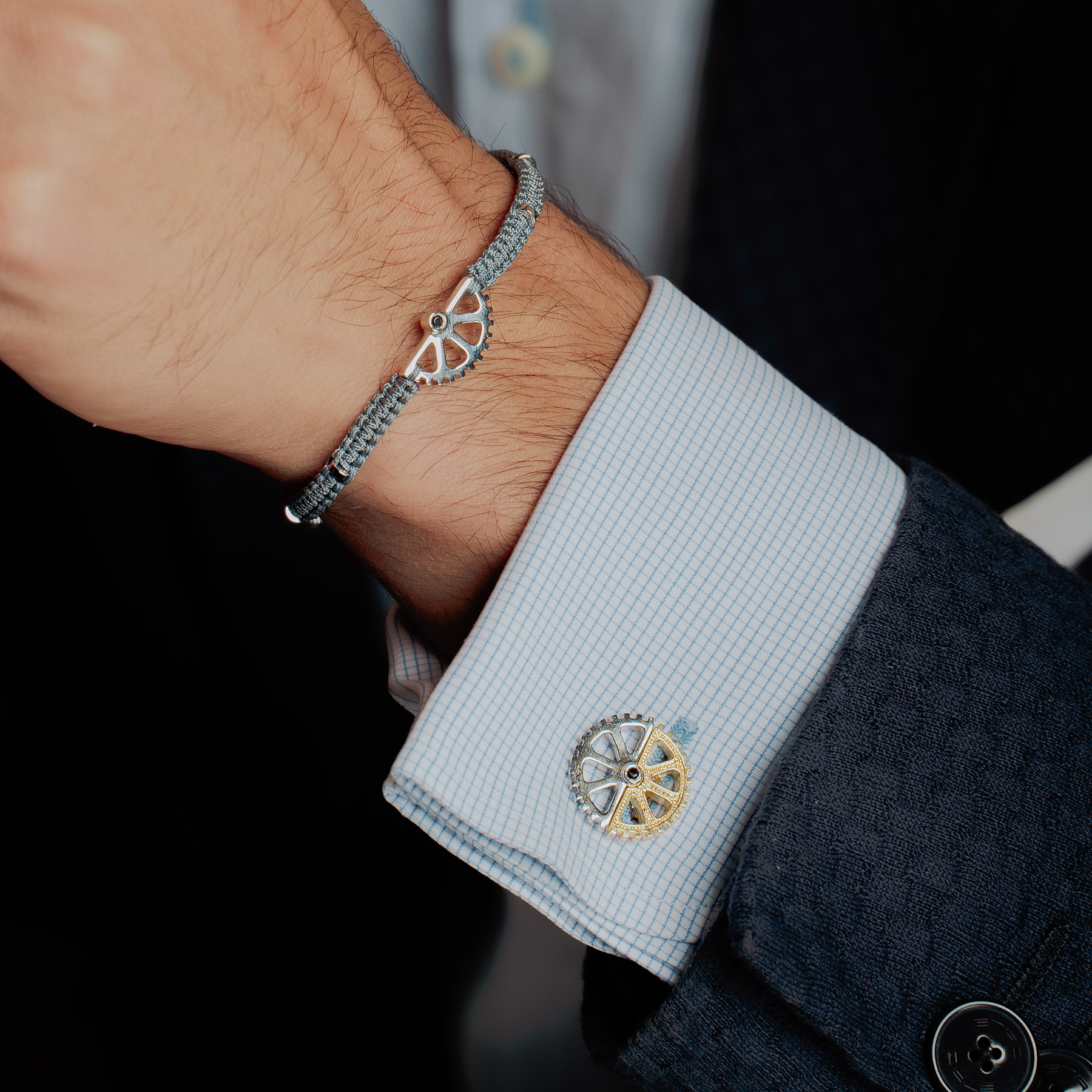 Puzzle Gear Cufflinks in Rhodium and Yellow Gold Plated with Black Spinel