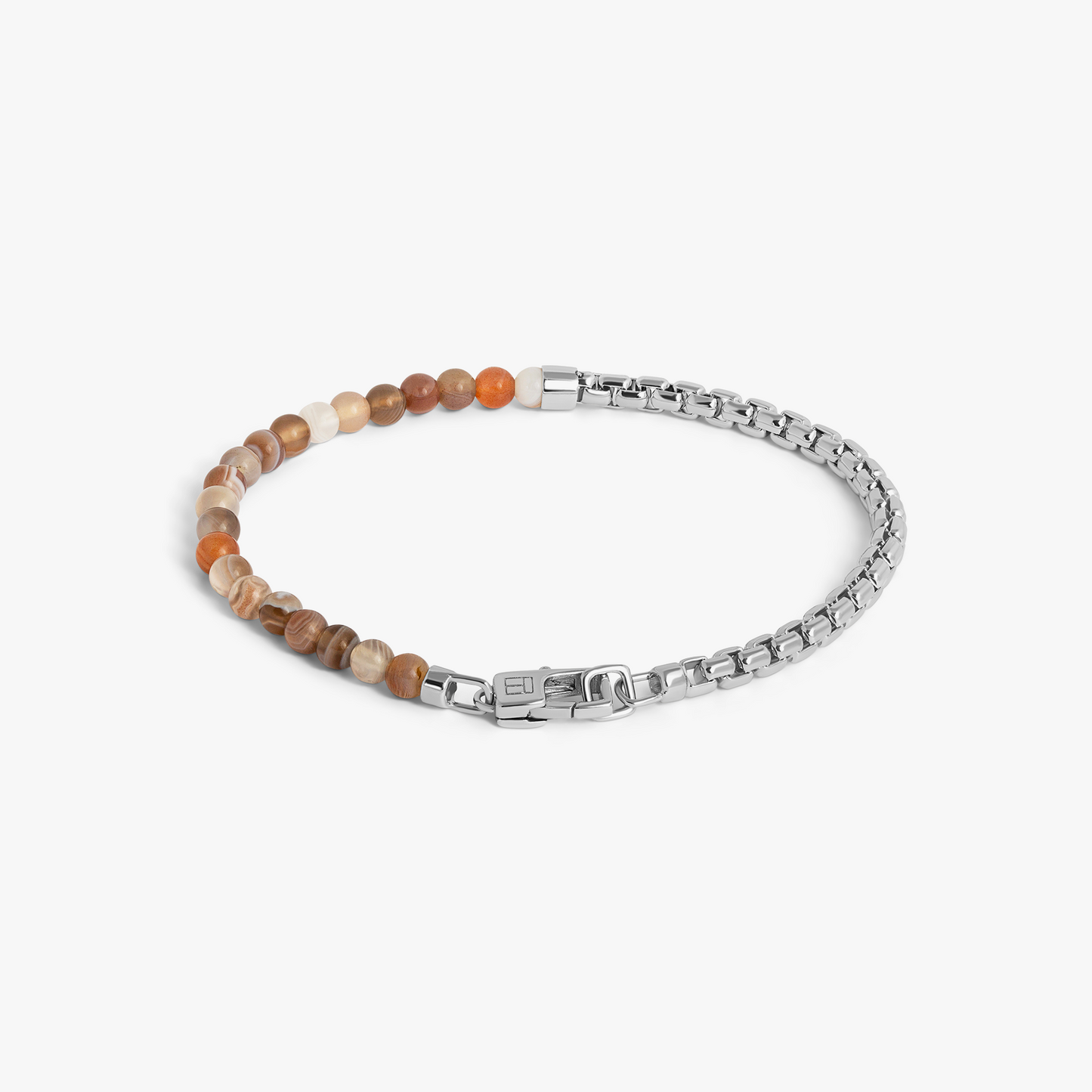 Sennit Beaded Box Chain Bracelet in Rhodium Silver with Multicolour Botswana Agate