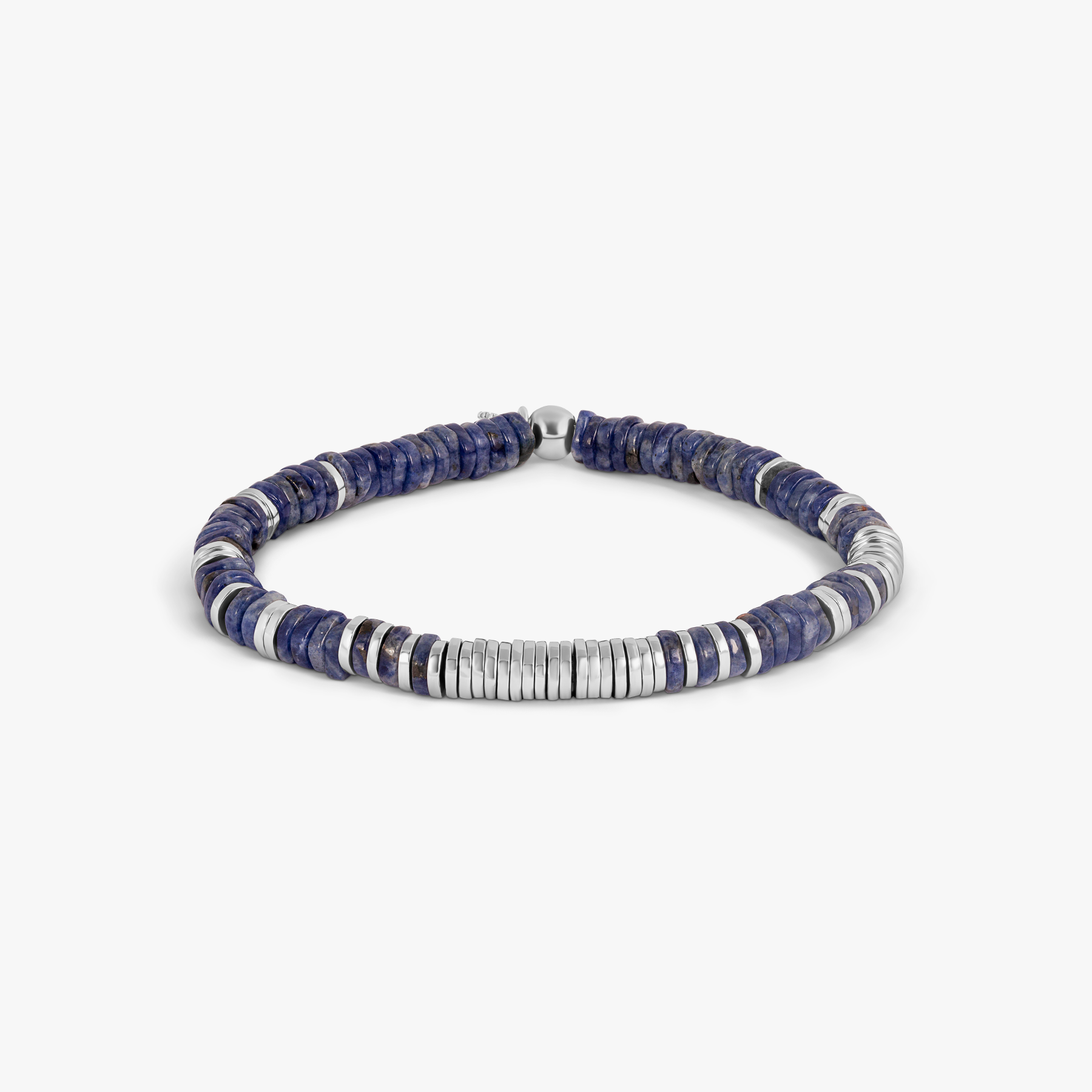 A rhodium-plated sterling silver bracelet with sodalite beads arranged in a pattern that resembles a starry night sky.