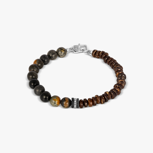 Nepal Gear Trio Beaded Bracelet in Rhodium Silver with Picasso Jasper