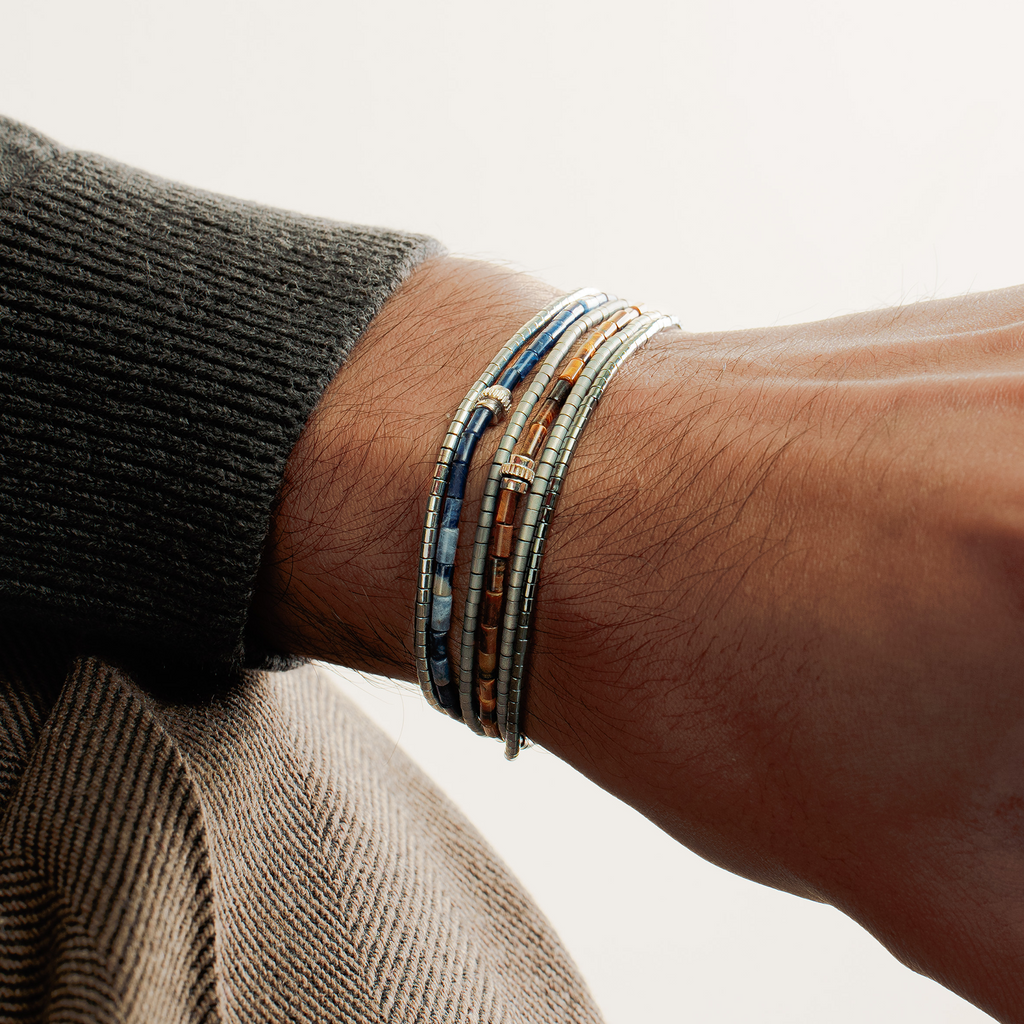 Navaho Triple Wrap Beaded Bracelet in Rhodium Silver with Tiger Eye and Hematite