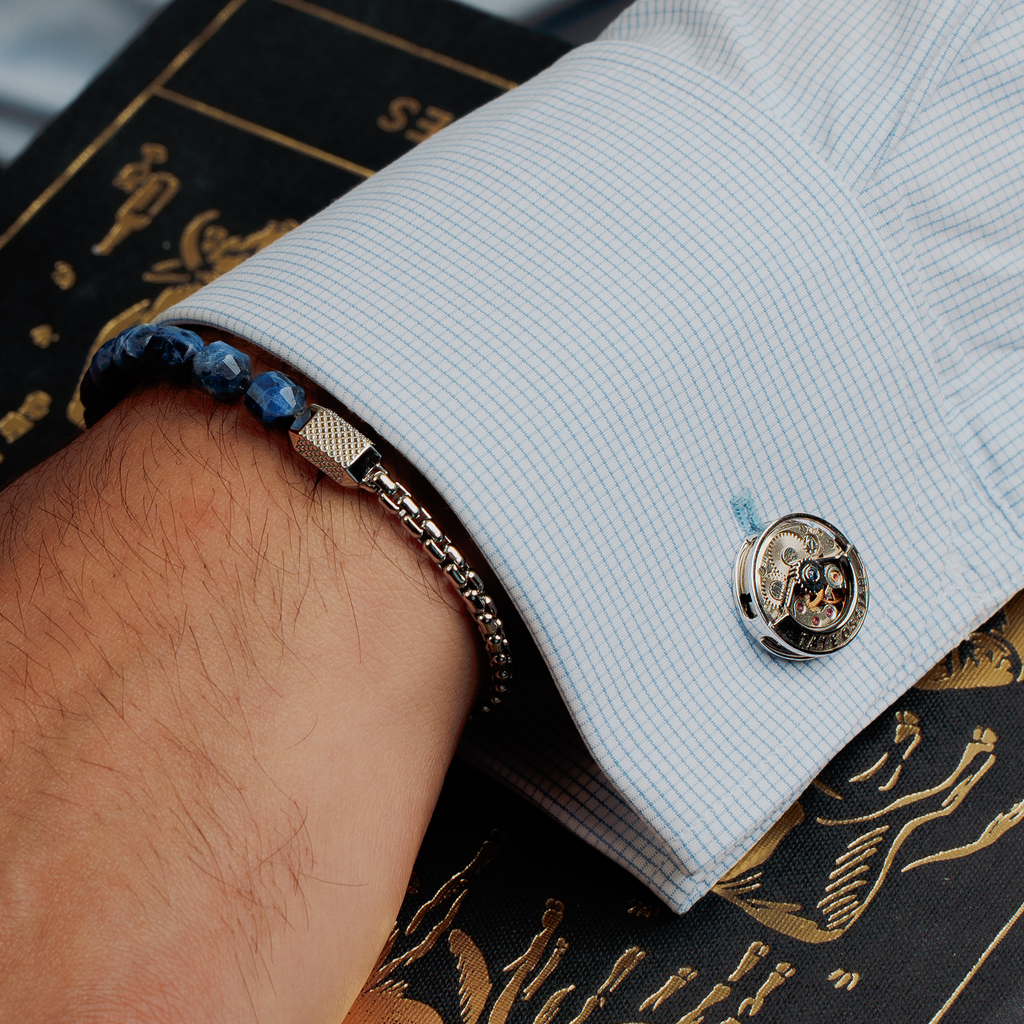 Deboss Round Skeleton Cufflinks in Rhodium Plated Silver with Watch Movement (Limited Edition)