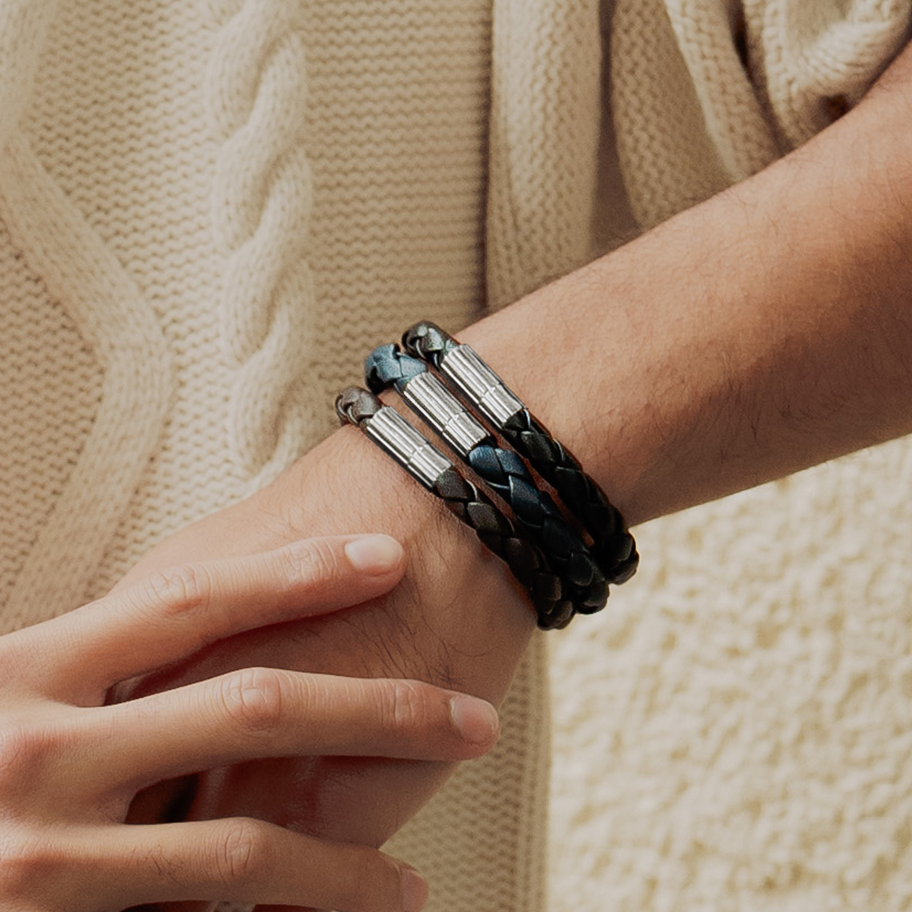 Maxi Pop Pelle Black Leather Bracelet in Rhodium Silver