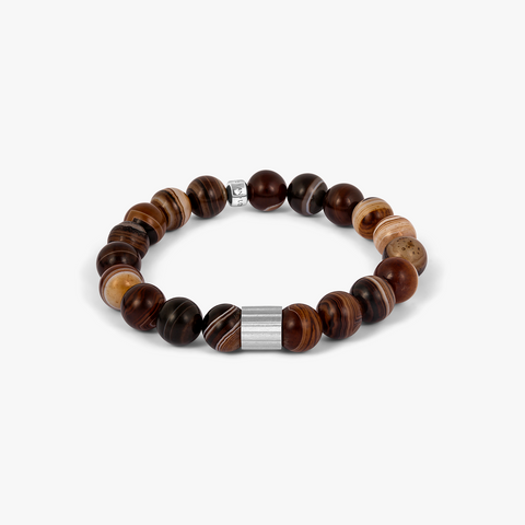 Maxi Pop Beaded Bracelet in Rhodium Silver with Brown Striped Agate