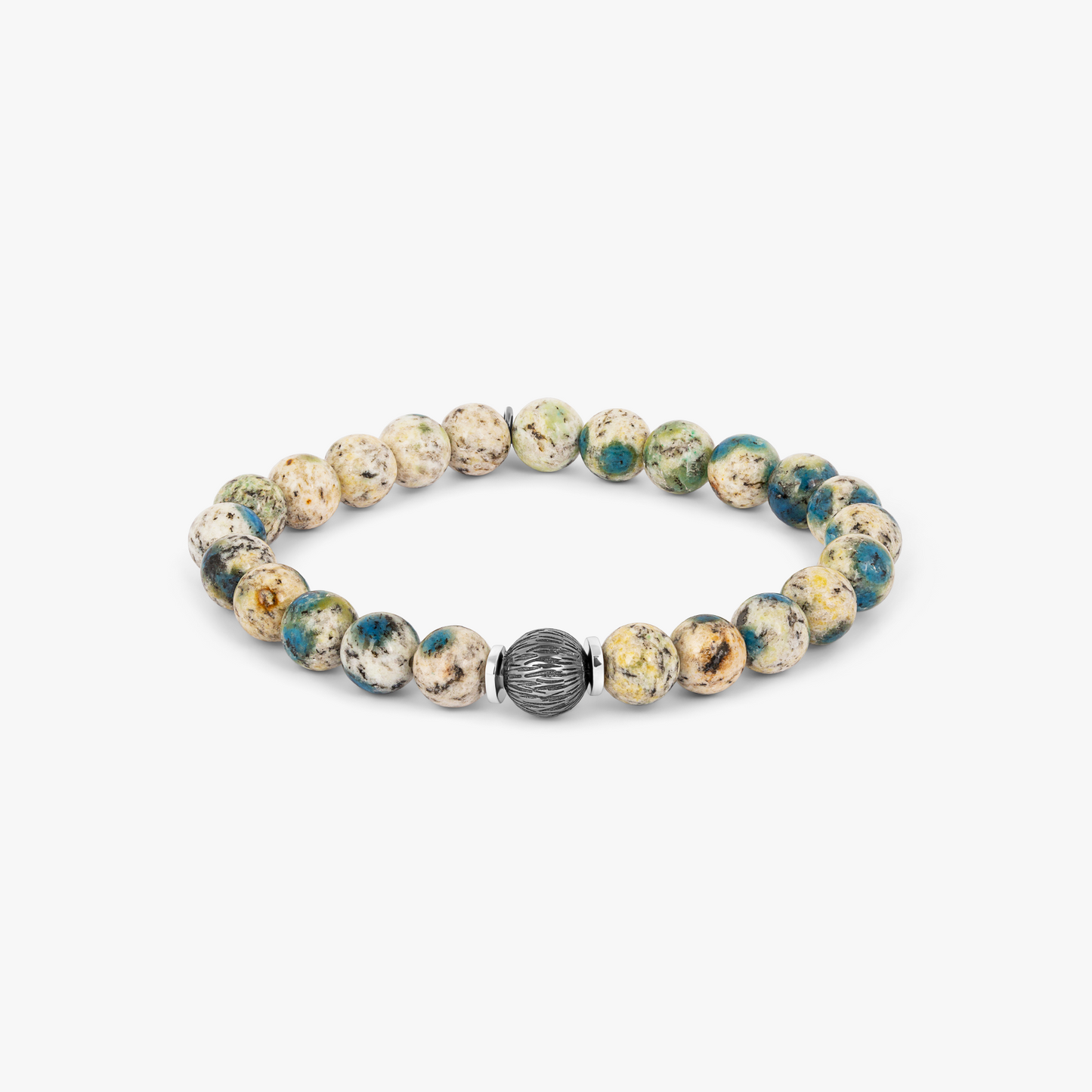 Lhasa Graffiato Beaded Bracelet in Rhodium Silver with Cream and Blue Azurite