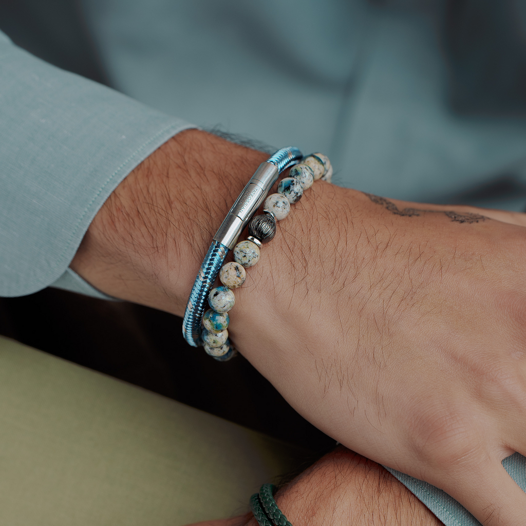 Lhasa Graffiato Beaded Bracelet in Rhodium Silver with Cream and Blue Azurite