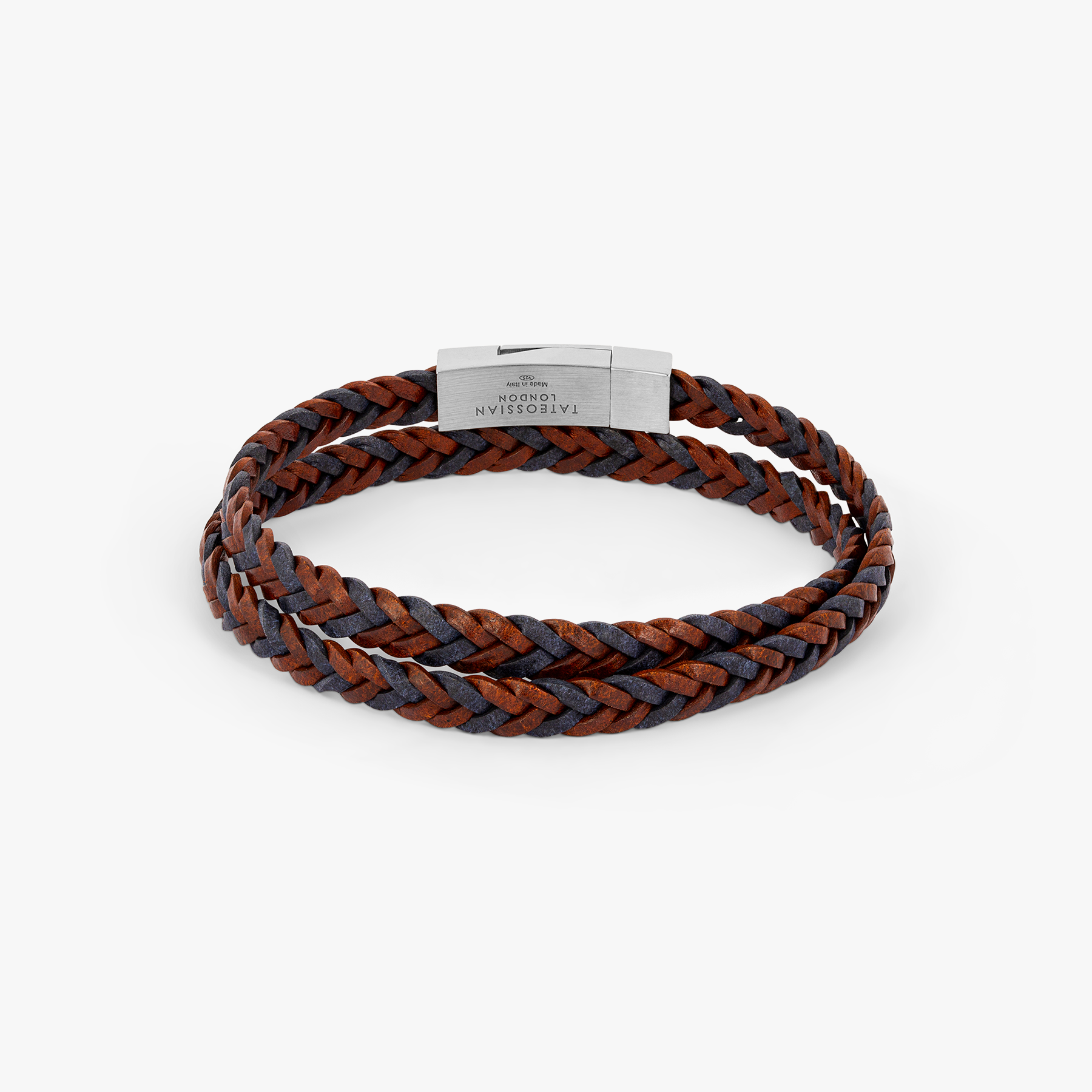 Herringbone Click Coda Di Volpe Pelle Leather Bracelet in Rhodium Silver with Blue and Brown