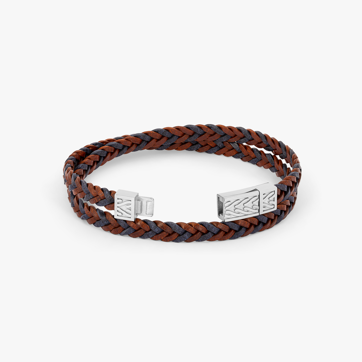 Herringbone Click Coda Di Volpe Pelle Leather Bracelet in Rhodium Silver with Blue and Brown