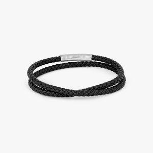 Giza Click Pelle Double Wrap Black Leather Bracelet in Rhodium Silver