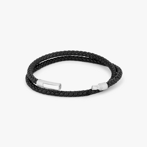 Giza Click Pelle Double Wrap Black Leather Bracelet in Rhodium Silver