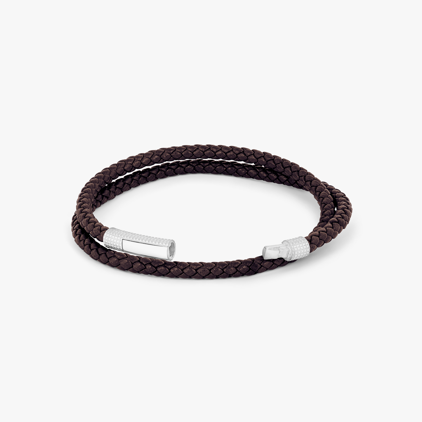 Giza Click Pelle Double Wrap Brown Leather Bracelet in Rhodium Silver