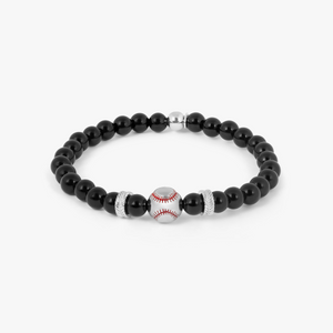 THOMPSON Baseball Beaded Bracelet in Stainless Steel with Black Agate