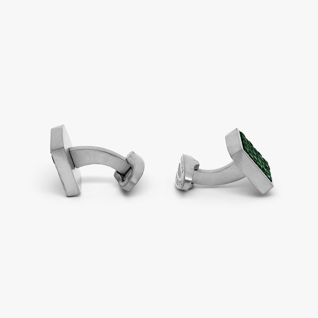 Geometric Animal Print cufflinks with green leather in titanium