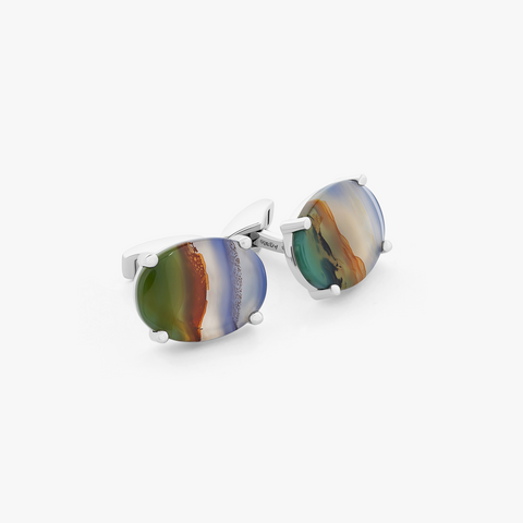 Spring Landscape Agate cufflinks in rhodium-plated sterling silver (Limited Edition) (UK) 1