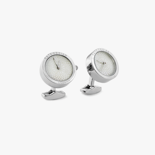 White Mother of Pearl Stainless Steel Guilloche Watch Cufflinks