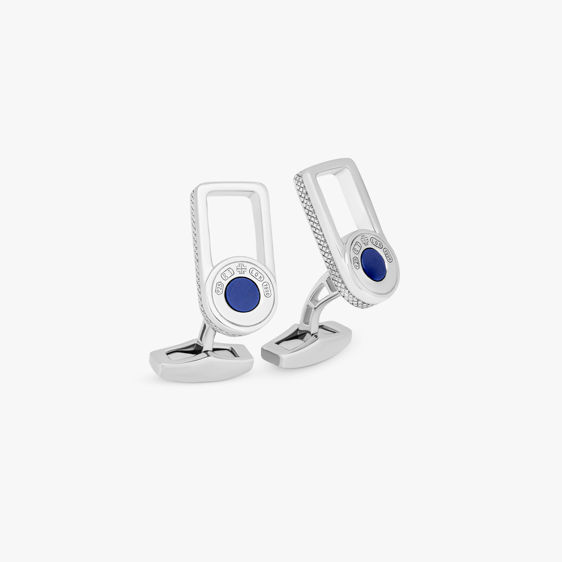 Signature Lock cufflinks with blue lapis in rhodium plated silver (UK) 1