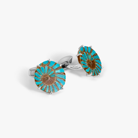 Ammonite Cufflinks in Rhodium Silver with Turquoise (Limited Edition)