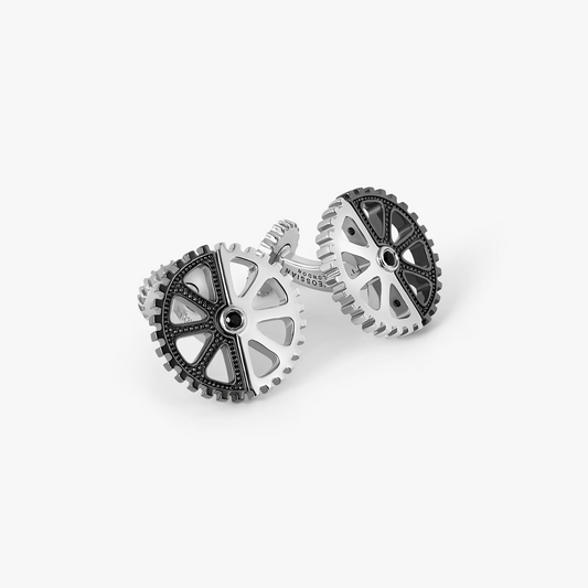 Puzzle Gear Cufflinks in Black Rhodium and Rhodium Plated Silver with Black Spinel