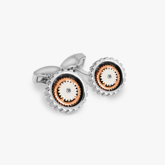 Rotare Gear Cufflinks in Rhodium Plated with White Mother of Pearl