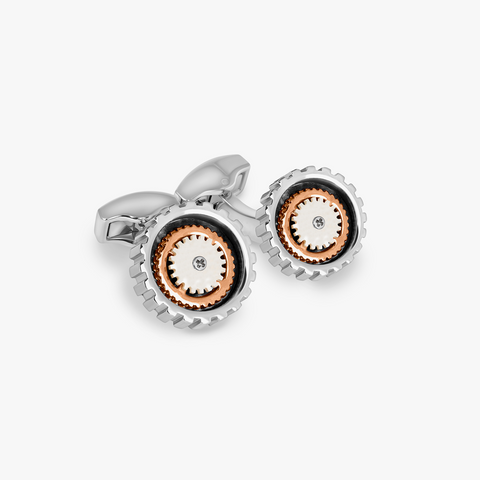 Rotare Gear Cufflinks in Palladium Plated with White Mother of Pearl