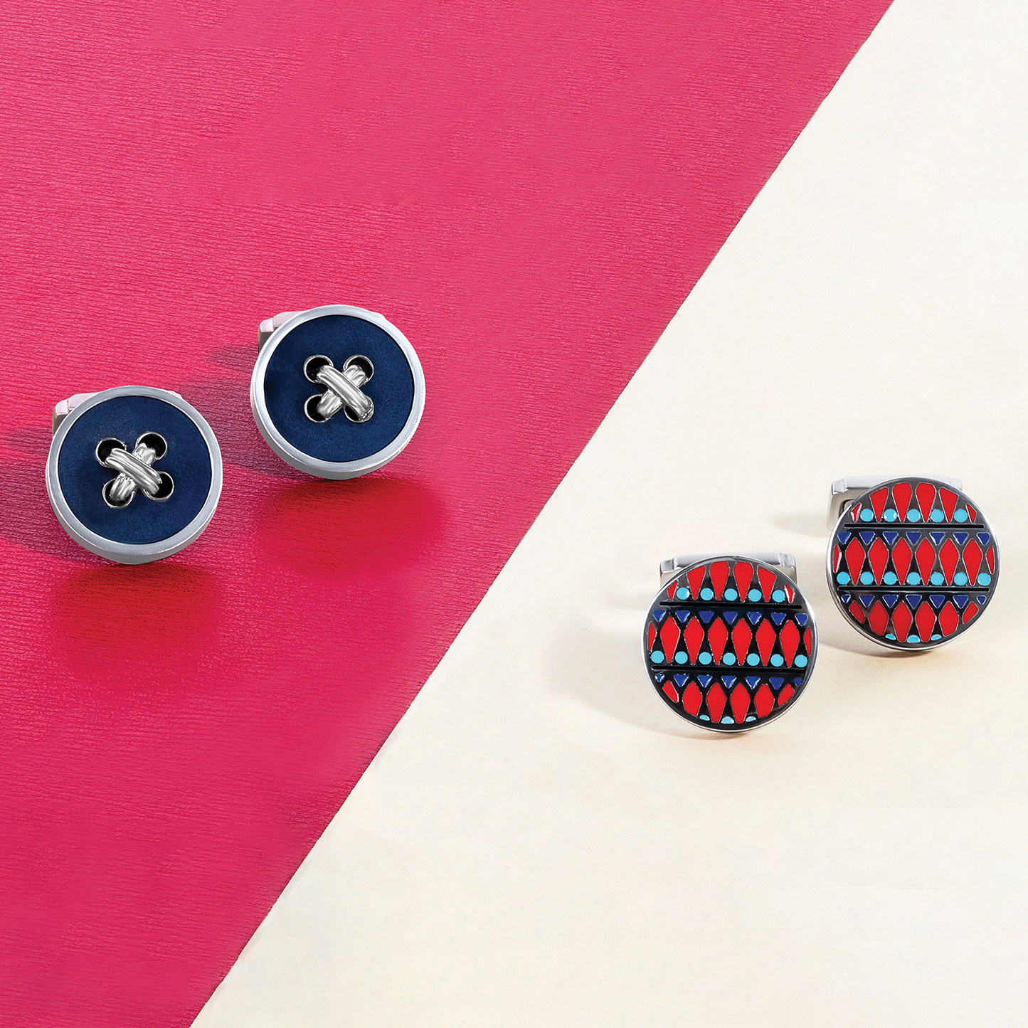 THOMPSON Tambor Button Cufflinks in Palladium Plated with Blue Enamel