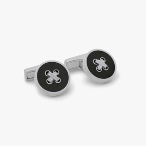 THOMPSON Tambor Button Cufflinks in Palladium Plated with Black Enamel