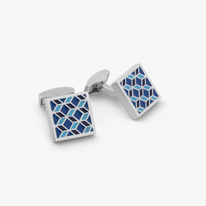 Palladium plated Geometric cufflinks with blue enamel