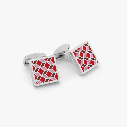 Palladium plated Geometric cufflinks with red enamel