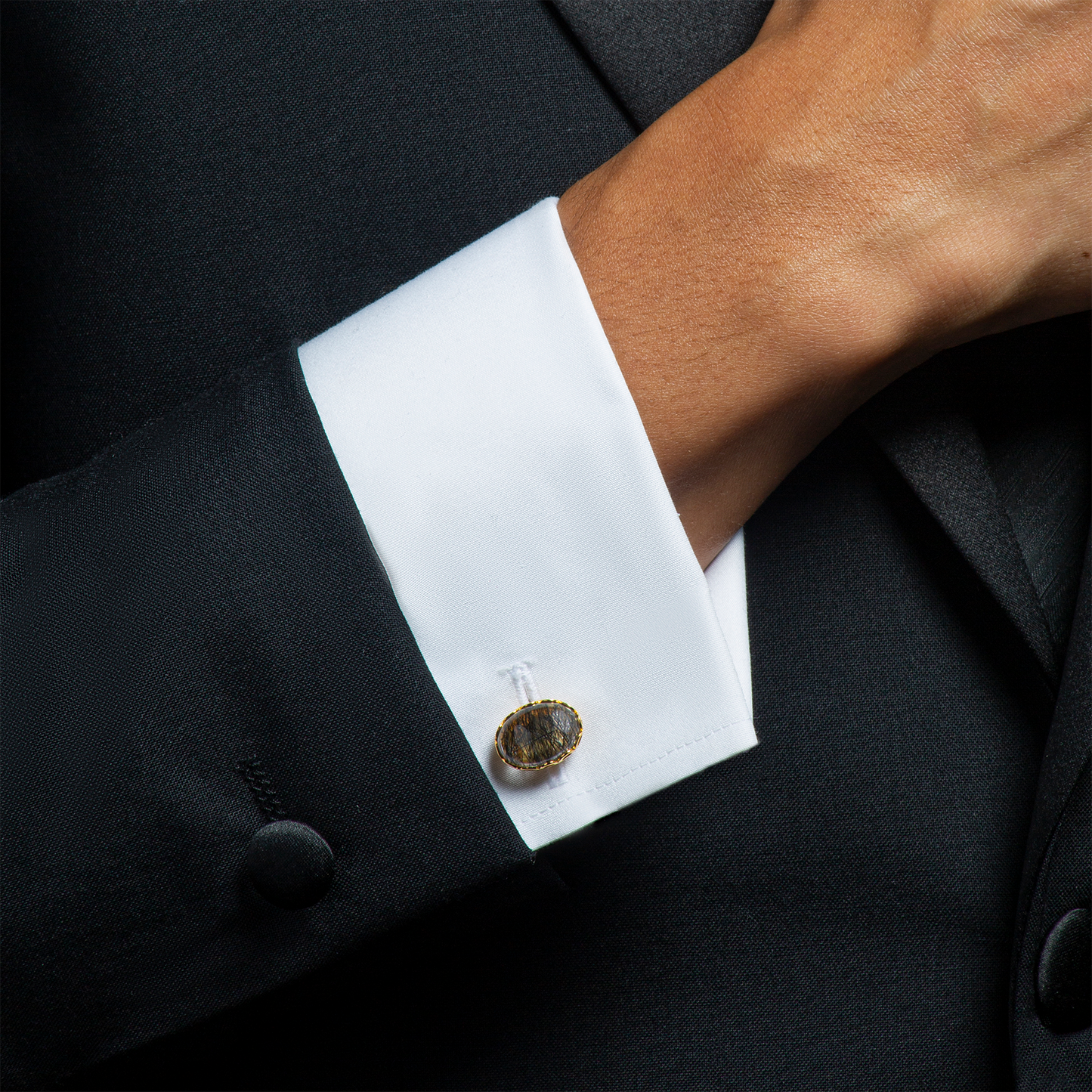 Black Rutilated Quartz cufflinks in yellow gold plated sterling silver (Limited Edition)