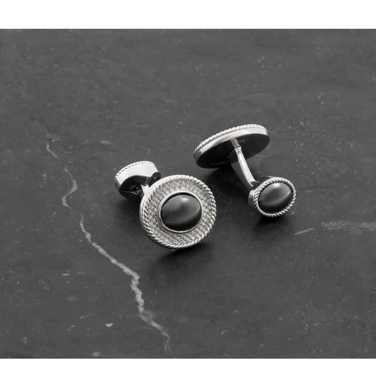 Cable Oval Cufflinks In Sterling Silver with Hematite