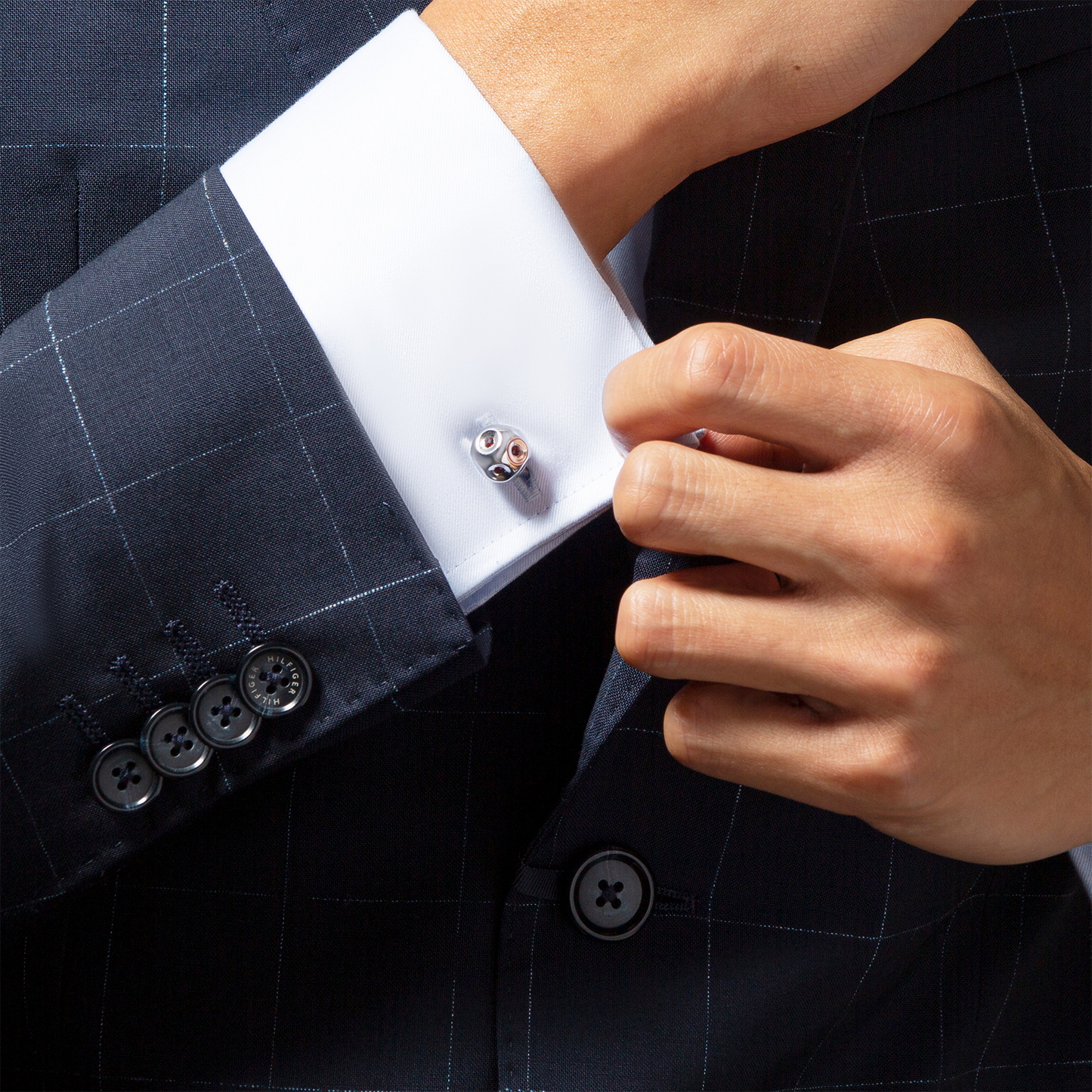 Red Rhodium Plated Sterling Silver Garnet Crater Cufflinks & Studs Set