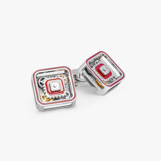 Quadrato Gear Cufflinks With Red Enamel In Palladium Plated