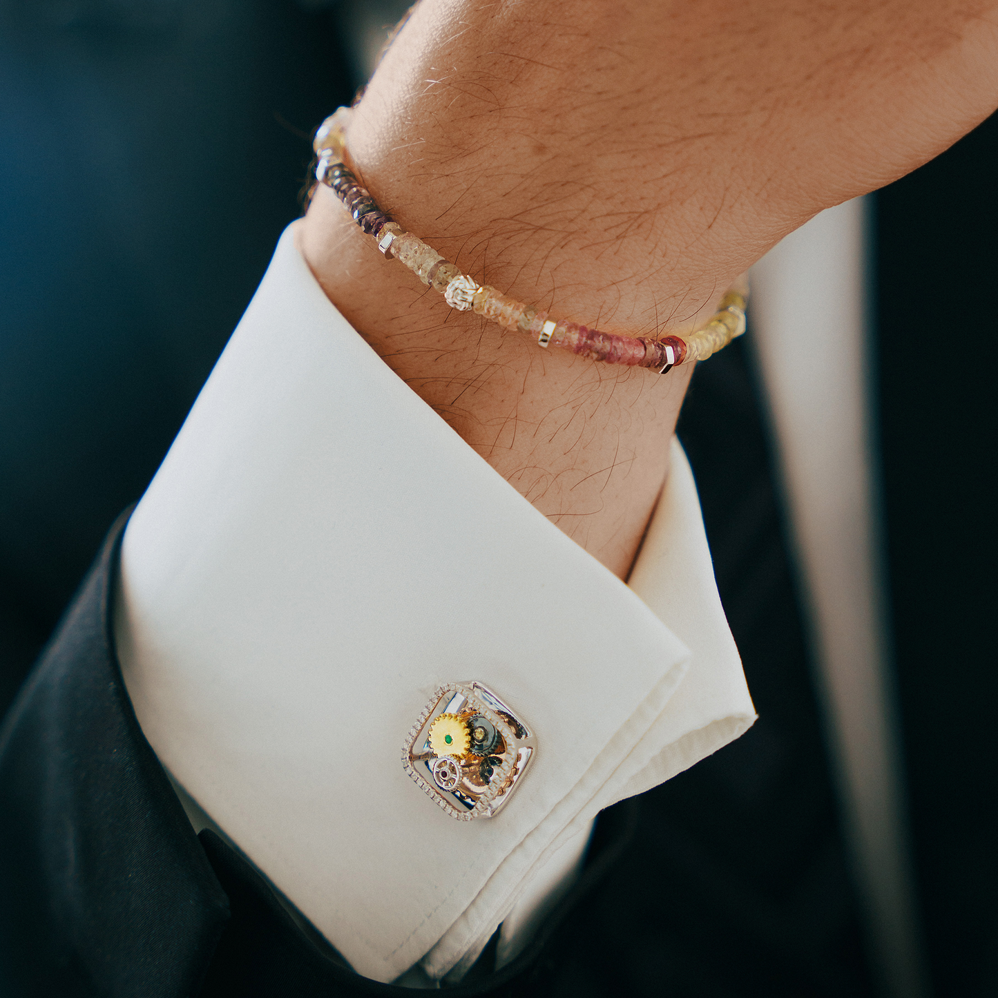 Diamond Gear Cufflinks In Rhodium Silver