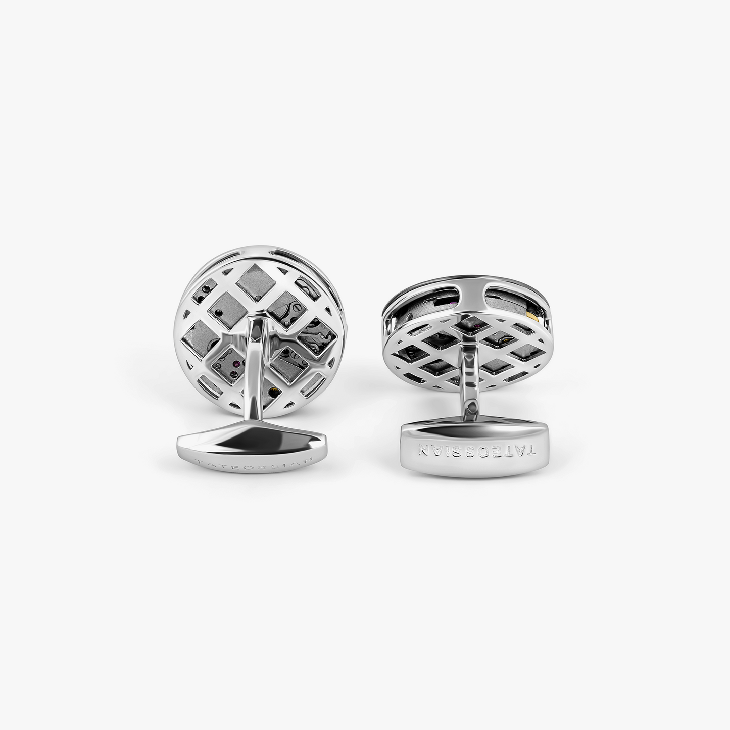 Deboss Round Skeleton Cufflinks in Rhodium Plated Silver with Watch Movement