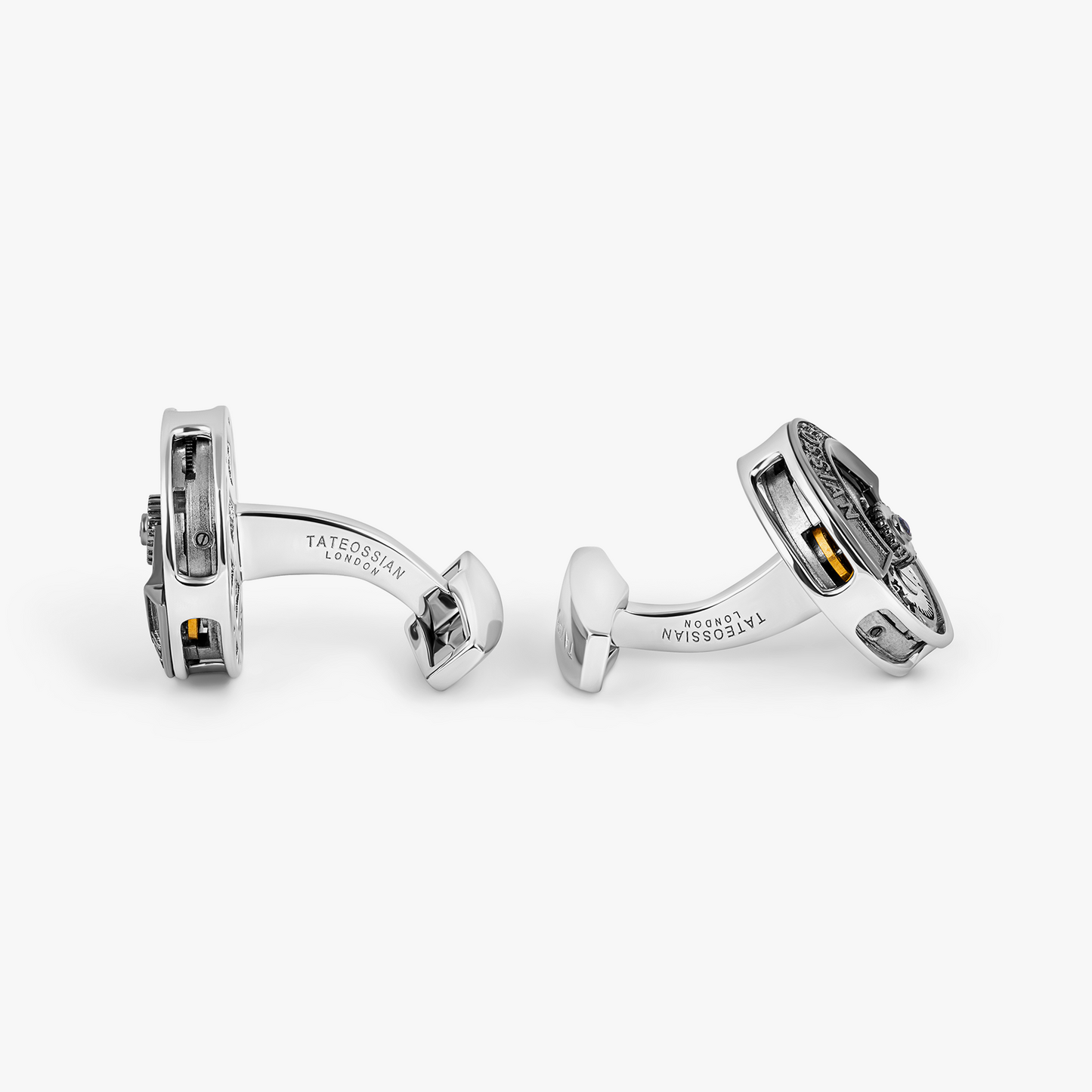 Deboss Round Skeleton Cufflinks in Rhodium Plated Silver with Watch Movement