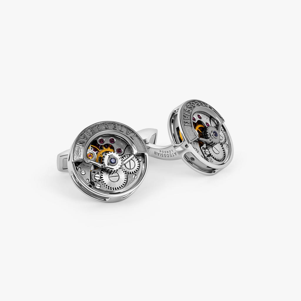 Deboss Round Skeleton Cufflinks in Rhodium Plated Silver with Watch Movement (Limited Edition)