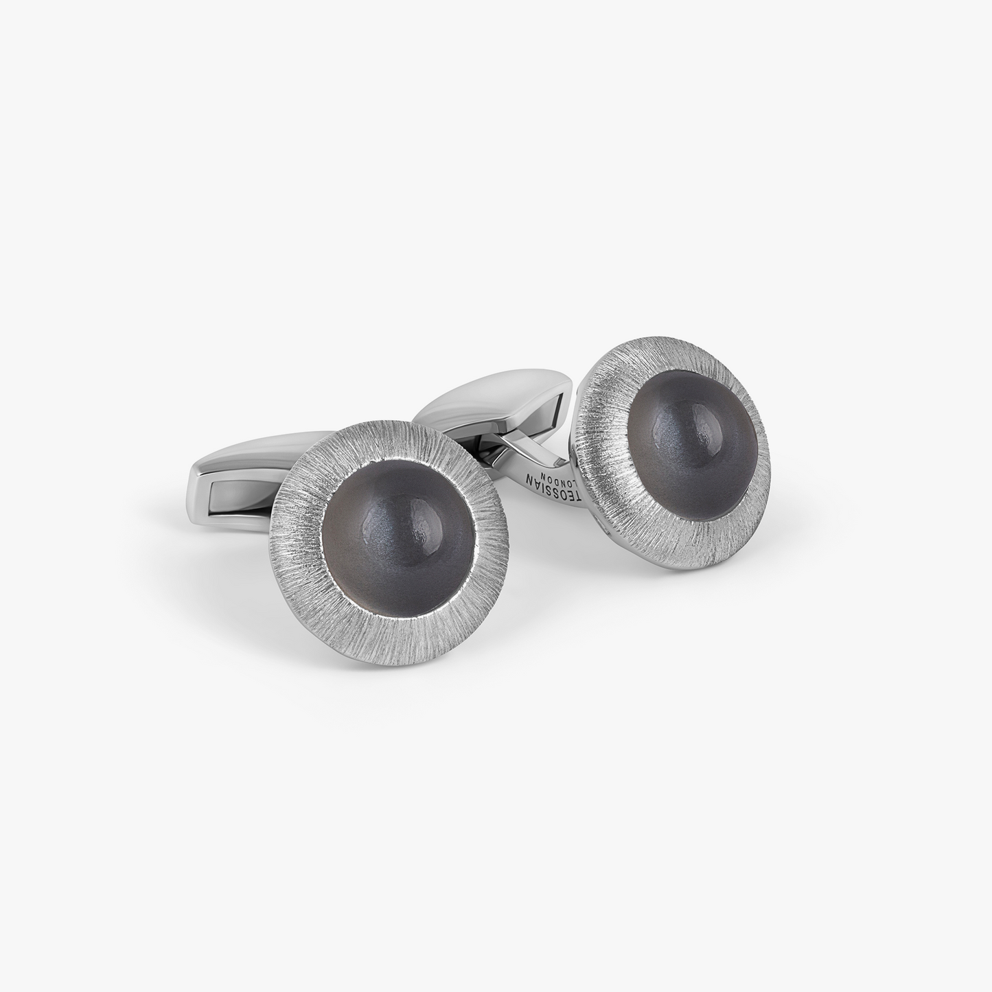 Graffiato Moonstone Cufflinks in Rhodium Silver with Grey