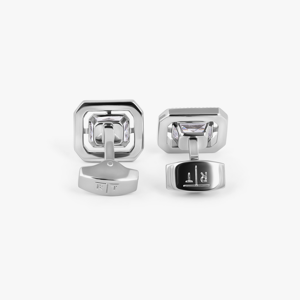 Halo Rectangular Cubic Zirconia Cufflinks in Rhodium Plated