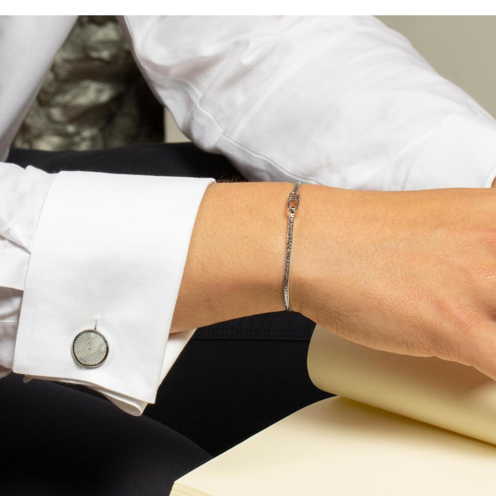 Rotondo Guilloche Semi-Precious cufflinks with white mother of pearl in stainless steel