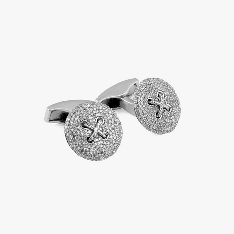 Micro Pave Button Cufflinks In Silver With White Diamonds