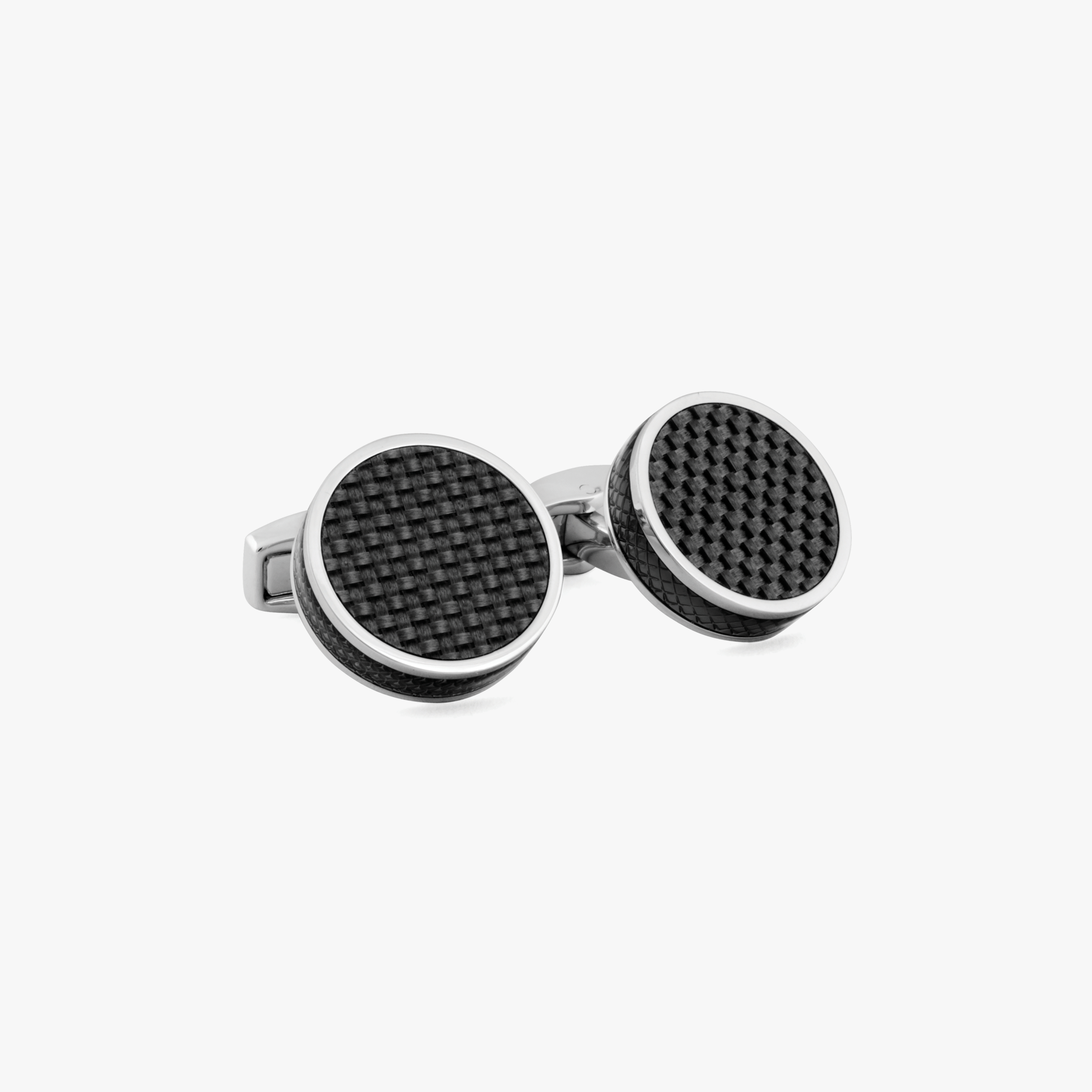 A pair of round black carbon fiber cufflinks with a palladium plated base