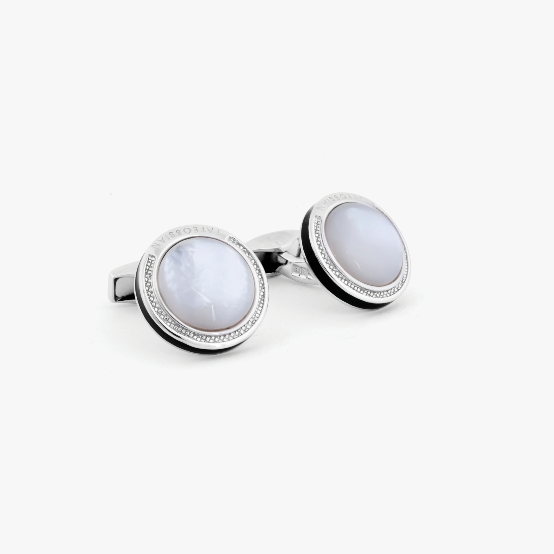 Signature Round Cufflinks Rhodium Plated Silver Mother Pearl