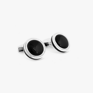 Signature Round cufflinks in Rhodium Plated Silver with Onyx